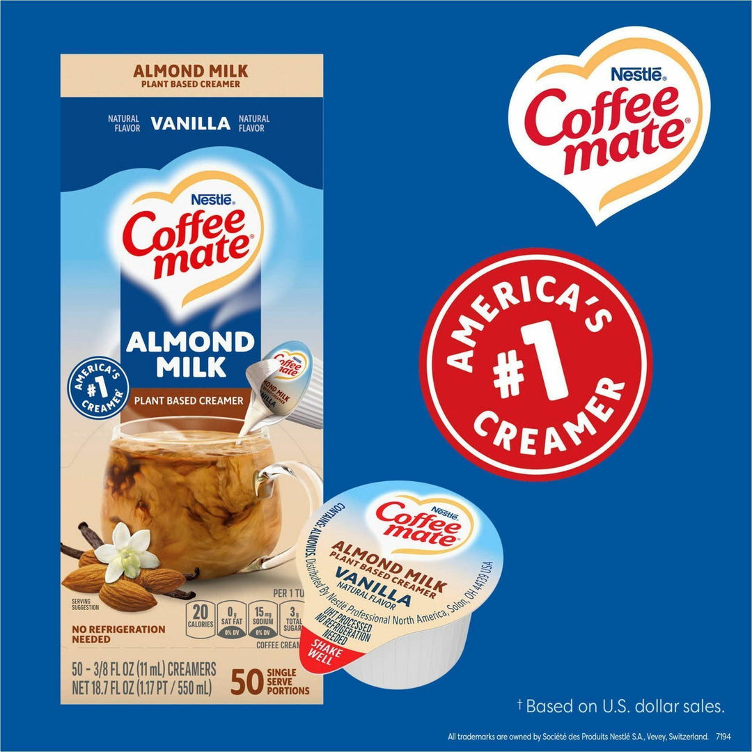 Image of Coffee mate 42258 Almond Milk Vanilla Plant-Based Liquid Creamer Singles, Natural Vanilla Almond Milk Flavor, 0.38 fl oz (11 mL)Tub, 50 / Box