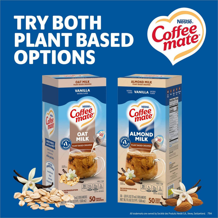 Image of Coffee mate 42258 Almond Milk Vanilla Plant-Based Liquid Creamer Singles, Natural Vanilla Almond Milk Flavor, 0.38 fl oz (11 mL)Tub, 50 / Box