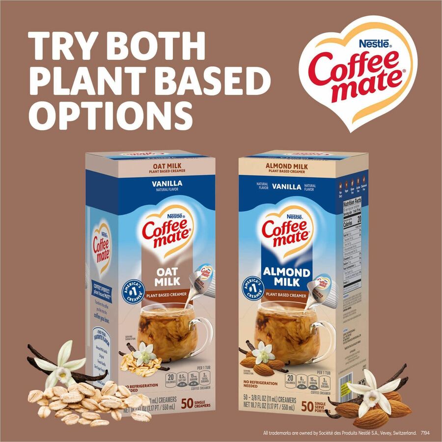 Image of Coffee mate 19891 Oat Milk Vanilla Liquid Creamer Singles, Vanilla FlavorTub, 50 / Box