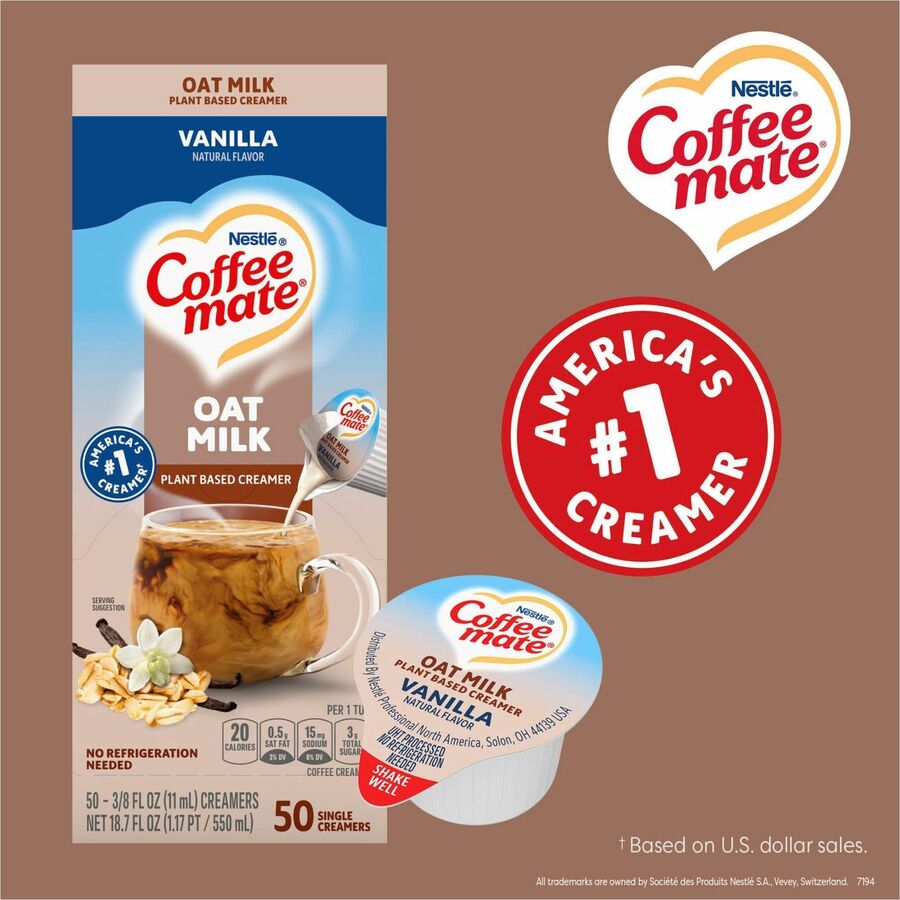 Image of Coffee mate 19891 Oat Milk Vanilla Liquid Creamer Singles, Vanilla FlavorTub, 50 / Box