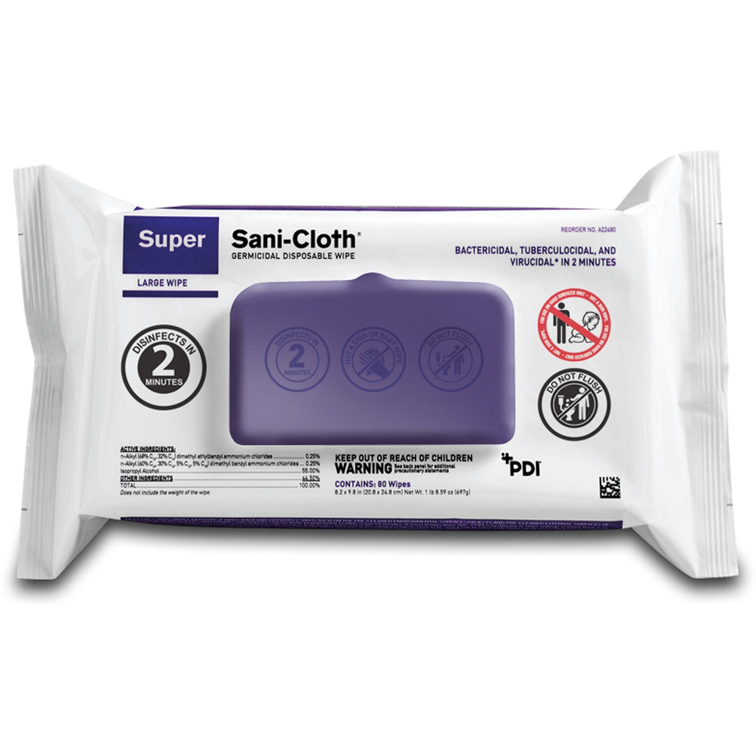 Image of Sani Professional® Super Sani-Cloth Germicidal Disposable Wipes, Large, 1-Ply, 8.2 x 9.8, Unscented, White, 80/Pack