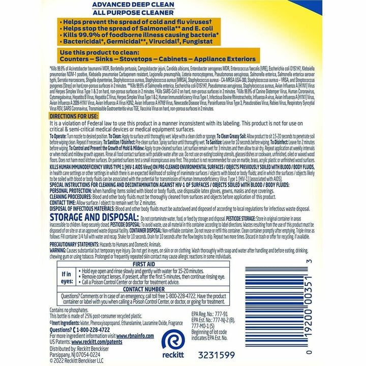 Image of Lysol 00351CT Advanced Deep Cleaner, 32 fl oz (1 quart), Lemon Breeze Scent, Disinfectant, Clear, 12 / Carton