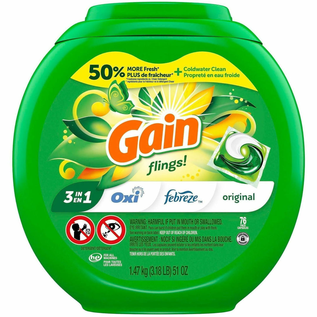 Image of Gain 9207 Flings Detergent Pacs, Liquid, Gain, Original Scent, Green, 76 / Pack