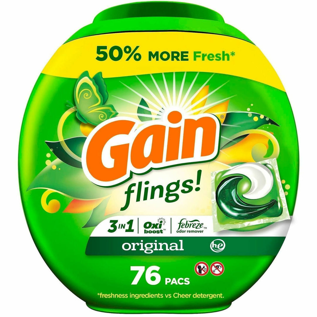 Image of Gain 9207 Flings Detergent Pacs, Liquid, Gain, Original Scent, Green, 76 / Pack