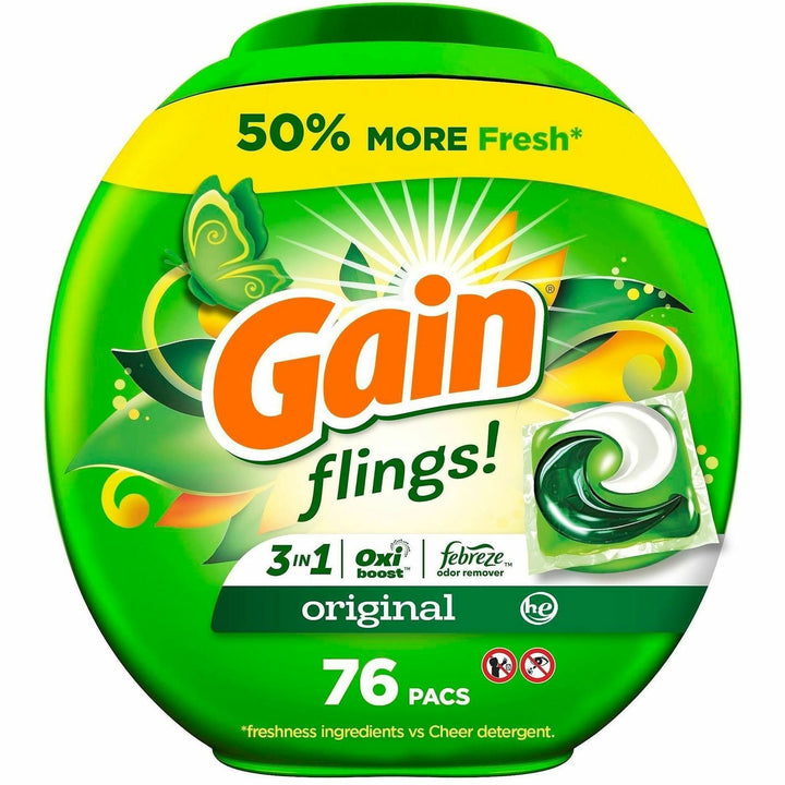 Image of Gain 9207 Flings Detergent Pacs, Liquid, Gain, Original Scent, Green, 76 / Pack
