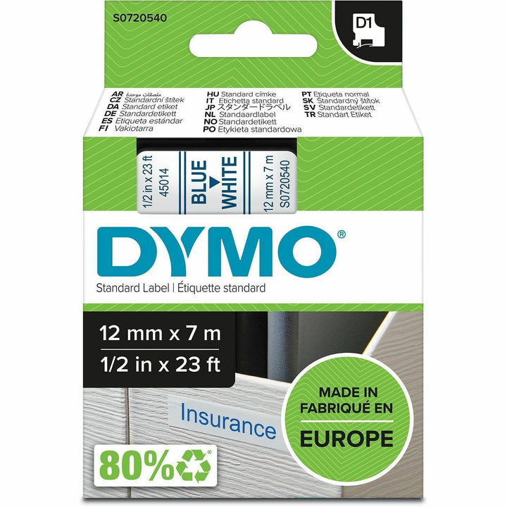 Image of DYMO® Label Tape,f/DYMO Labelmakers,1/2"x23',Blue/White