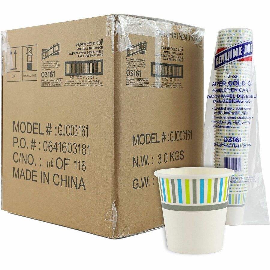 Image of Genuine Joe 03161CT 3 oz Cold Cups, 50 / Pack, 20 / Carton, White, Paper, Cold, Beverage