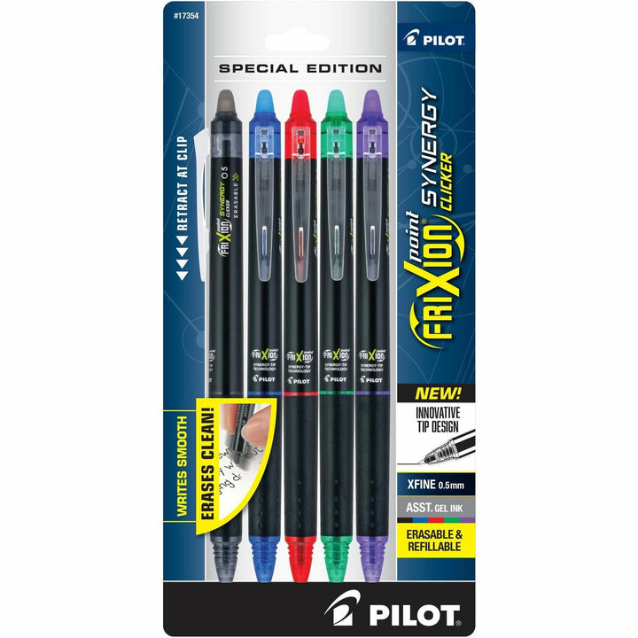 Image of Pilot® FriXion Synergy Clicker Erasable Gel Pen, Retractable, Extra-Fine 0.5 mm, Assorted Ink and Barrel Colors, 5/Pack