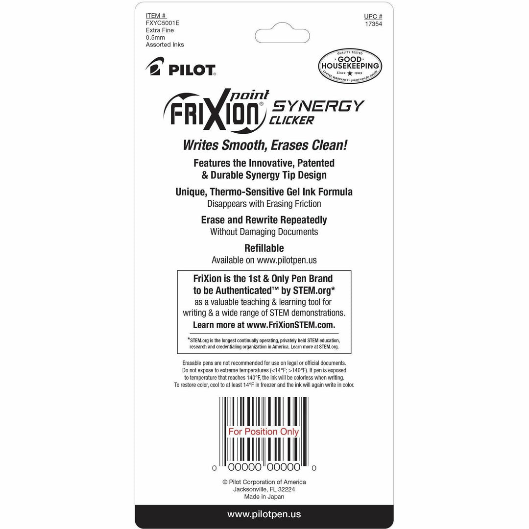 Image of Pilot® FriXion Synergy Clicker Erasable Gel Pen, Retractable, Extra-Fine 0.5 mm, Assorted Ink and Barrel Colors, 5/Pack