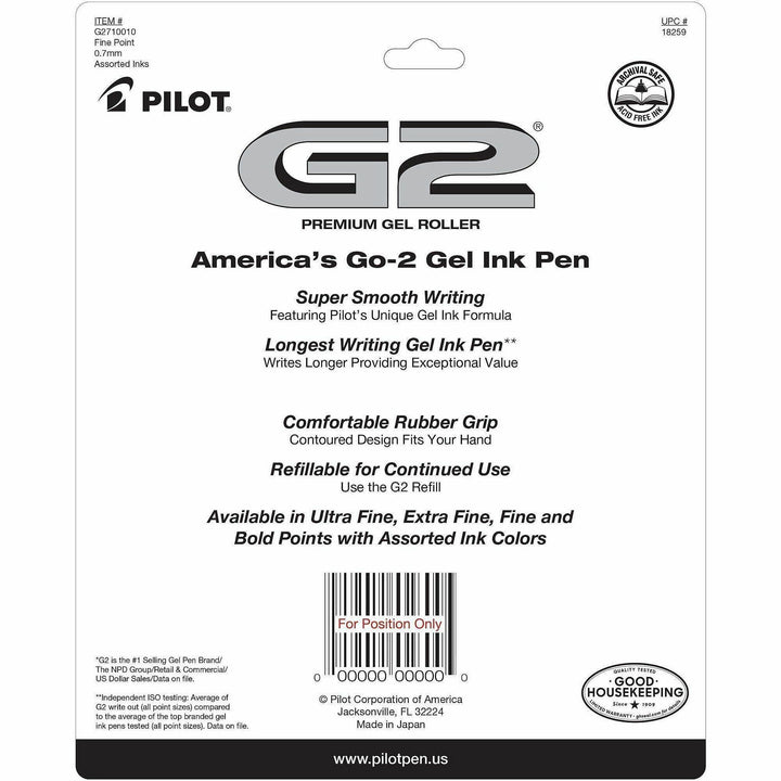 Image of Pilot® G2 Premium Gel Pen, Retractable, Fine 0.7 mm, Assorted Ink and Barrel Colors, 10/Pack