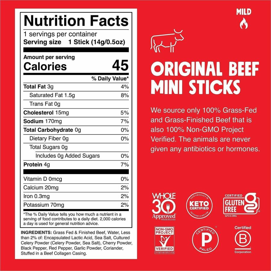 Image of CHOMPS LCO24 Original Beef Chomplings Snack Sticks, Gluten-free, No Added Harmones, Original Beef Jerky, Spicy, 0.50 oz, 24 / Pack
