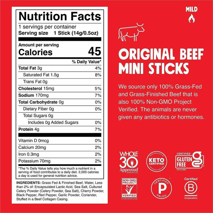 Image of CHOMPS LCO24 Original Beef Chomplings Snack Sticks, Gluten-free, No Added Harmones, Original Beef Jerky, Spicy, 0.50 oz, 24 / Pack