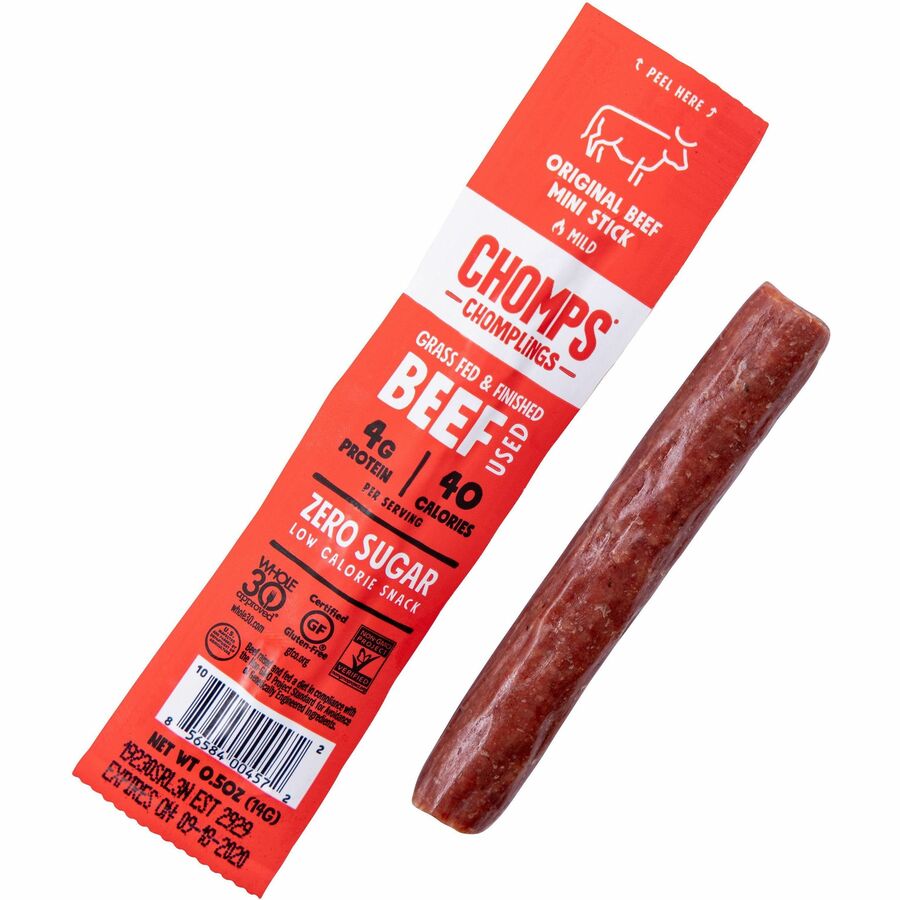 Image of CHOMPS LCO24 Original Beef Chomplings Snack Sticks, Gluten-free, No Added Harmones, Original Beef Jerky, Spicy, 0.50 oz, 24 / Pack