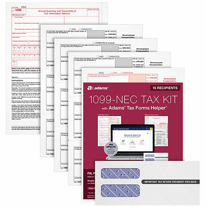 Image of Adams® 4-Part 1099-NEC Tax Form Kit with Security Envelopes and Tax Forms Helper, 2024, 8.5 x 3.66, 3 Forms/Sheet, 15 Forms Total