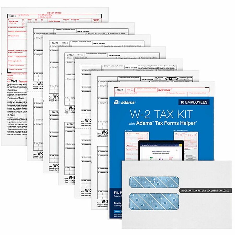Image of Adams® 6-Part W-2 Tax Form Kit with Security Envelopes and Tax Forms Helper, 2024, 8 x 5.5, 2 Forms/Sheet, 10 Forms Total