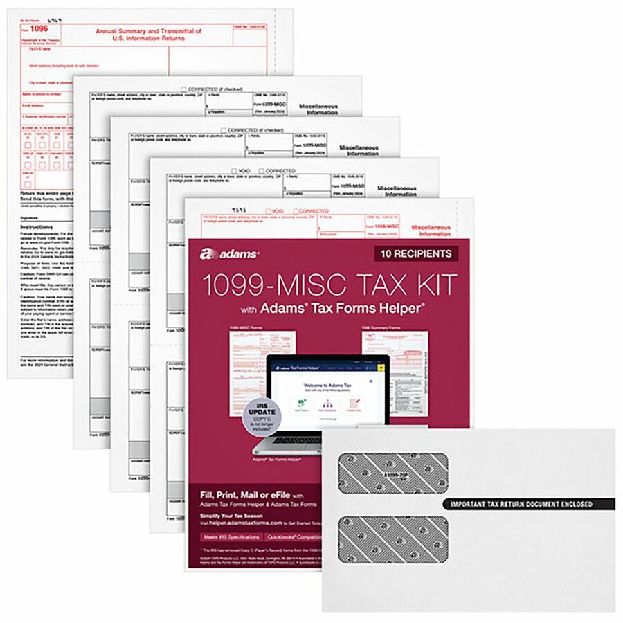 Image of Adams® 4-Part 1099-MISC Tax Form Kit with Security Envelopes and Tax Forms Helper, 2024, 8 x 5, 2 Forms/Sheet, 10 Forms Total