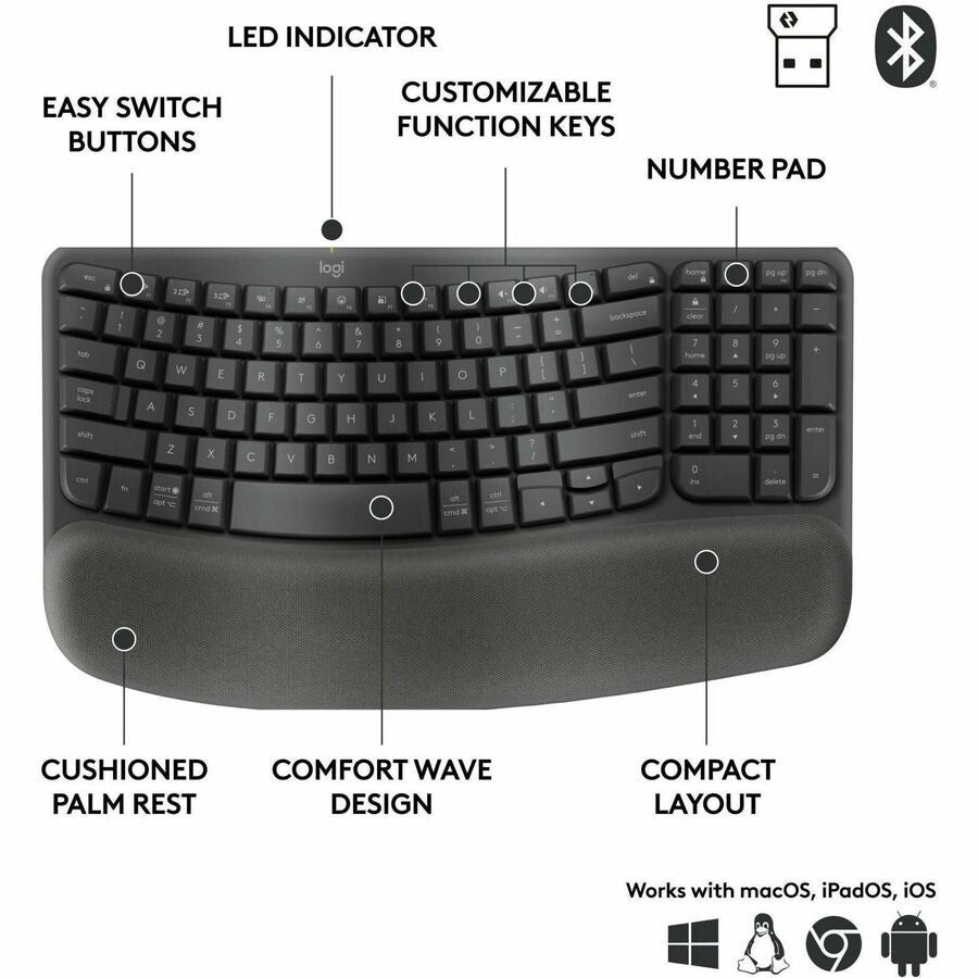 Image of Logitech® Keyboard,Wireless,Ergo Wave,Palm Rest,GPH