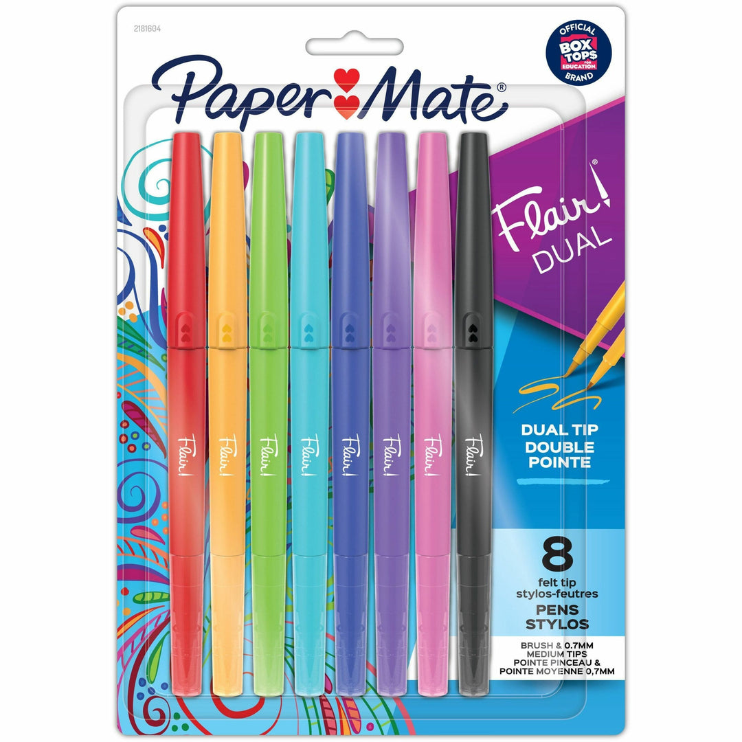 Image of Paper Mate® Pens,Flair,Dual-End,Brush/Medium Tip,8/PK,AST