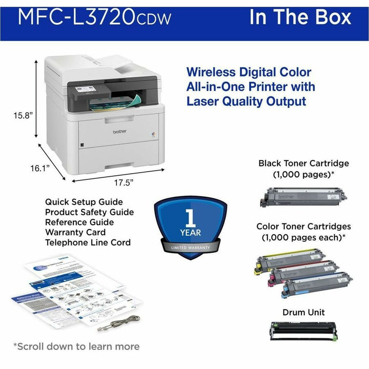 Image of Brother MFC-L3720CDW Wireless Digital Colour All-in-One Printer with Copy, Scan and Fax, Duplex and Mobile Printing