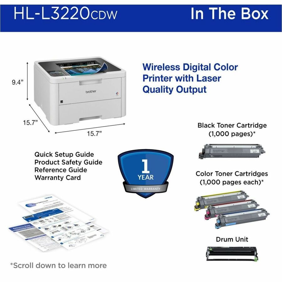 Image of Brother Printer,DigitalColor,19ppm,15-7/10"x15-7/10"x9-2/5",WE