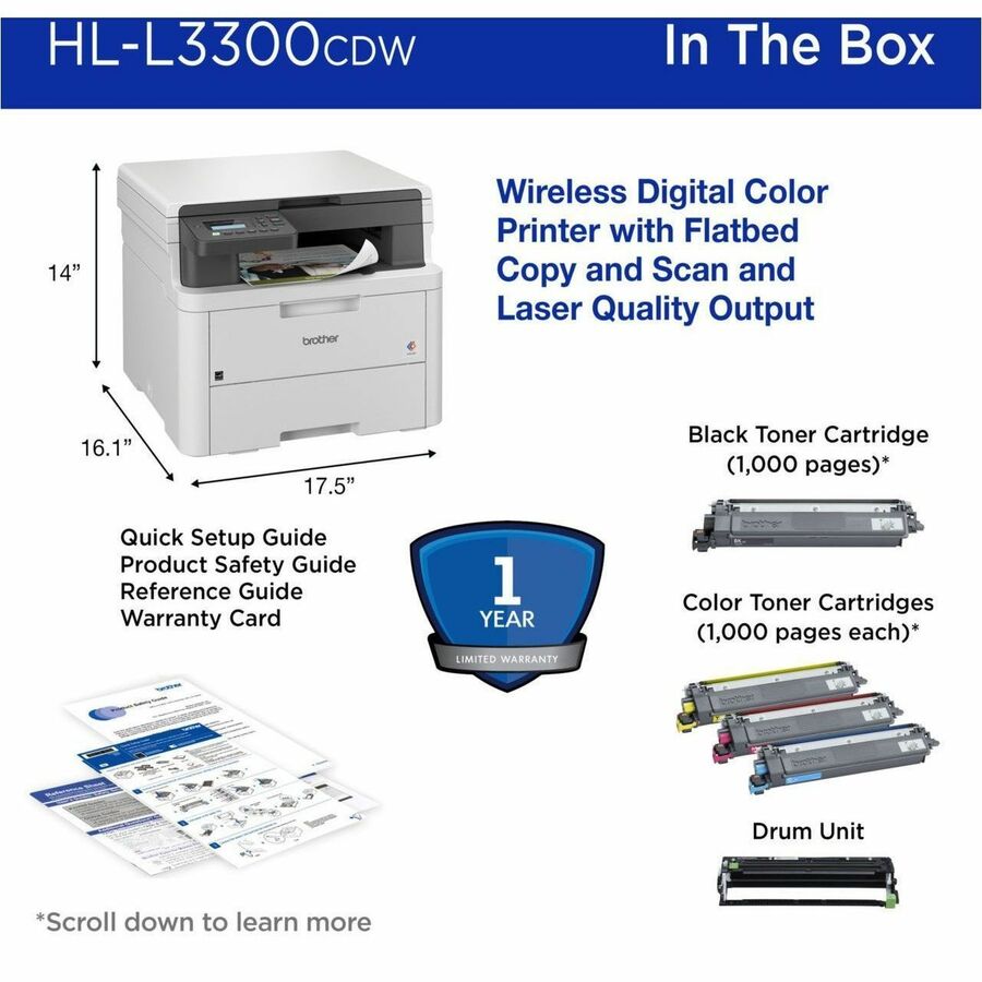 Image of Brother HL-L3300CDW Wireless Digital Color Multi-Function Printer, For Plain Paper Print, 1 Each