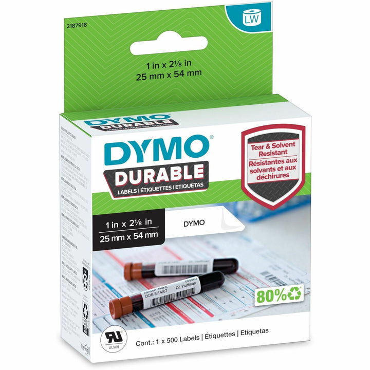 Image of Dymo 2187918 LW Durable Labels, 1" W x 2 1/8" Length, Direct Thermal, White, Plastic, 500 / Roll, 500 / Roll
