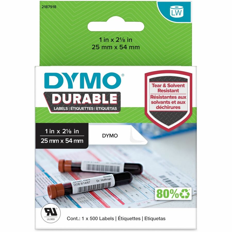 Image of Dymo 2187918 LW Durable Labels, 1" W x 2 1/8" Length, Direct Thermal, White, Plastic, 500 / Roll, 500 / Roll