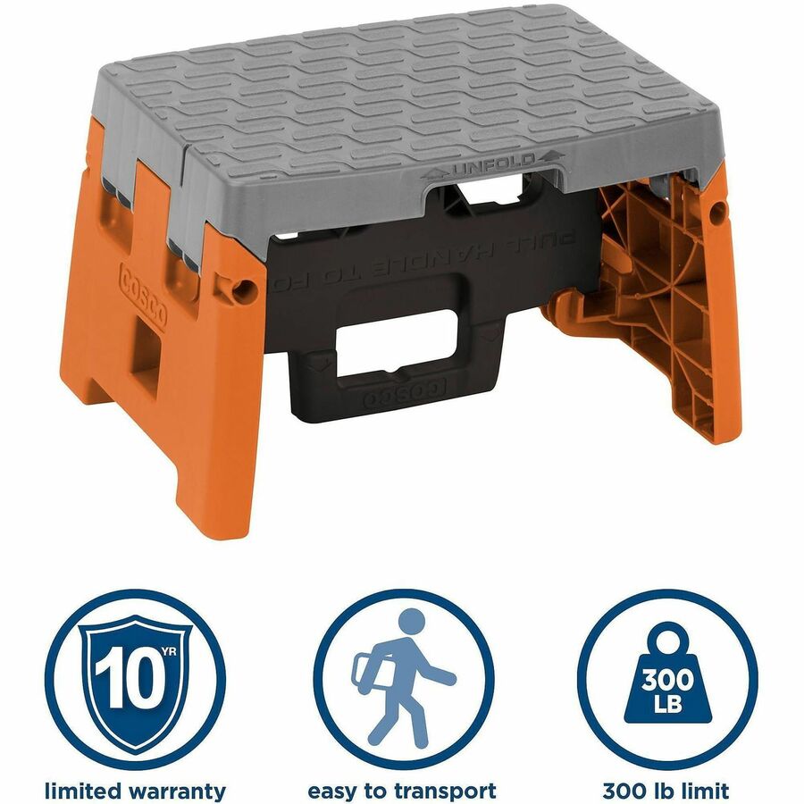 Image of Cosco® Folding Step Stool, 1-Step, 300 Lb Capacity, 8.5" Working Height, Orange/gray