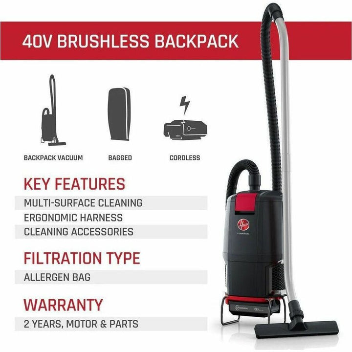 Image of Hoover® HVRPWR 40v Cordless Backpack Vacuum, Battery Sold Separately, 6 qt Tank Capacity, Black/red
