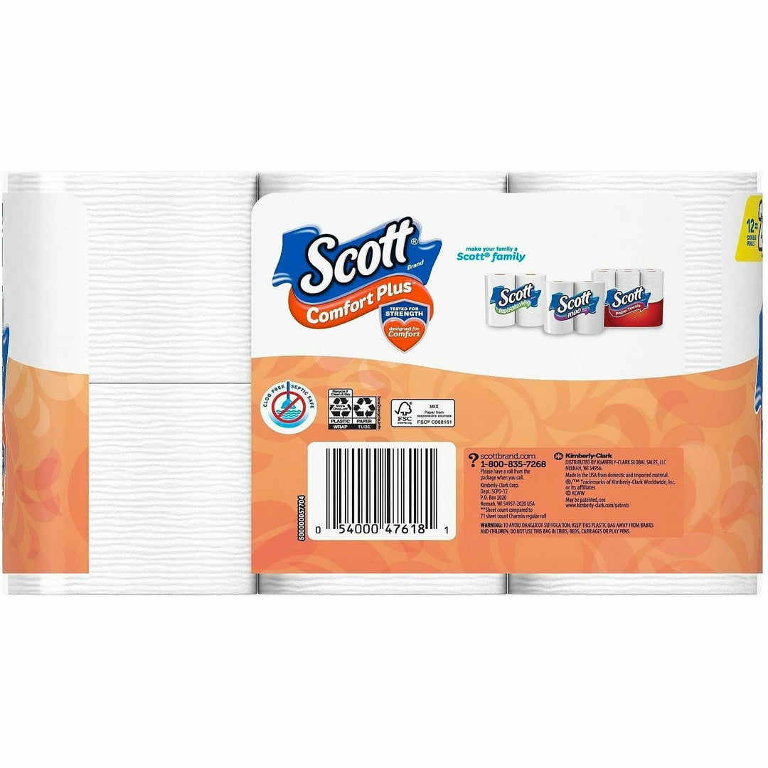 Image of Scott 47618 ComfortPlus Toilet Paper, 1 Ply, 231 Sheets/Roll, White, PaperRollRoll, 4 / Carton