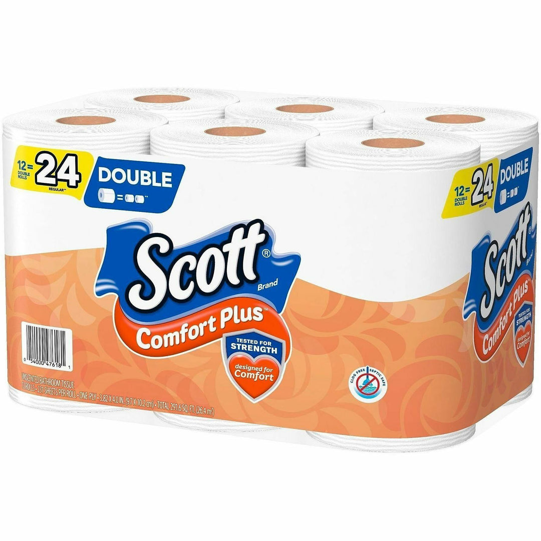 Image of Scott 47618 ComfortPlus Toilet Paper, 1 Ply, 231 Sheets/Roll, White, PaperRollRoll, 4 / Carton