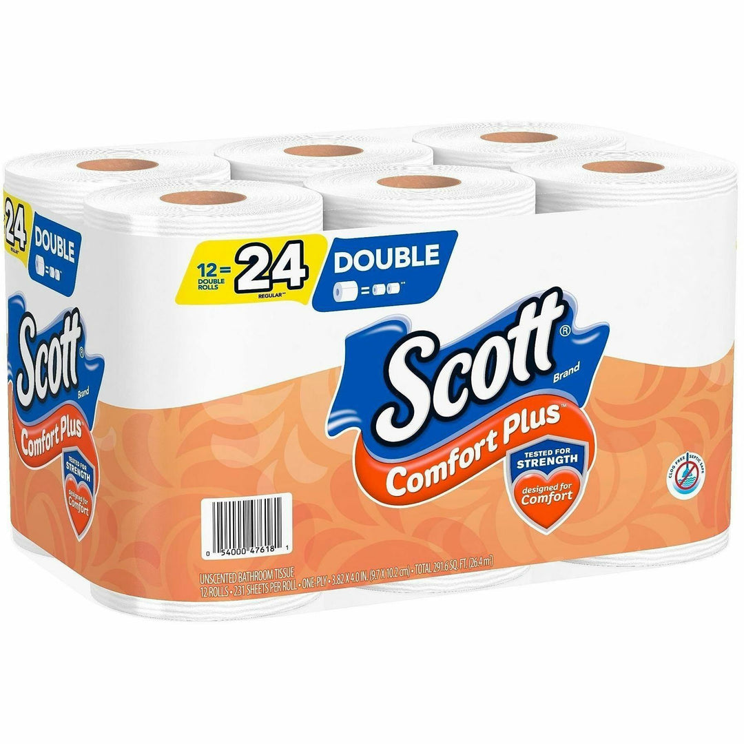 Image of Scott 47618 ComfortPlus Toilet Paper, 1 Ply, 231 Sheets/Roll, White, PaperRollRoll, 4 / Carton