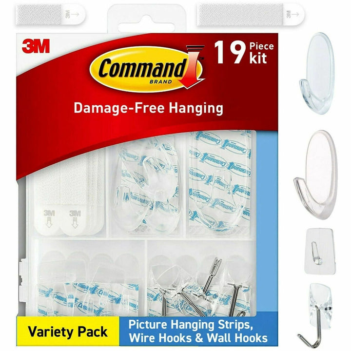 Image of Command Clear Hooks and Strips, Assorted Sizes, Plastic, 0.05 lb; 2 lb; 4-16 lb Capacities, 16 Picture Strips/15 Hooks/22 Strips/Pack