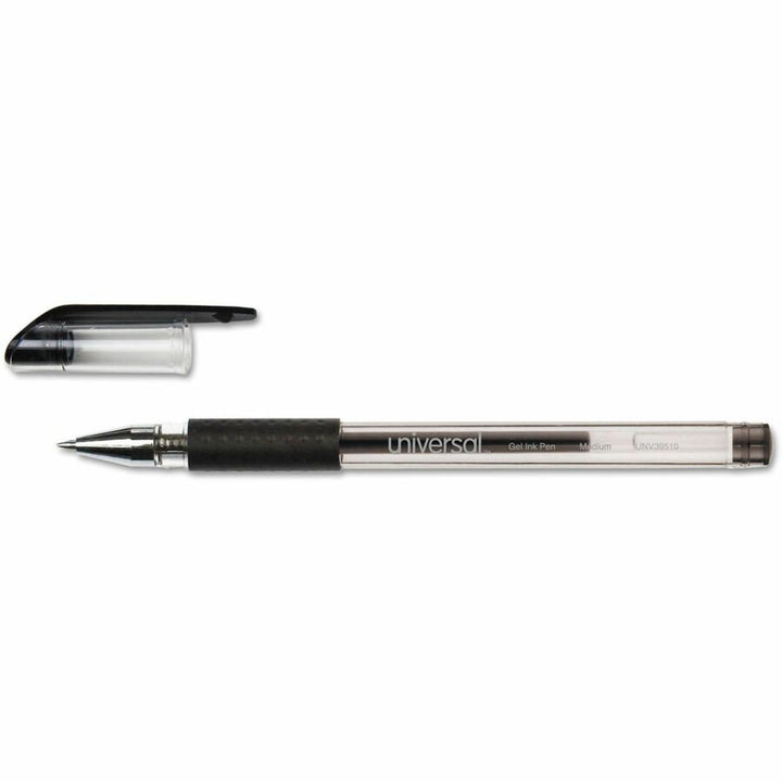 Image of Universal UNV39510 Comfort Grip Gel Pen, 0.7 mm Medium, Conical Pen Point, Black Ink, Gel-based, Water Based, Clear Stick, Black Barrel, 12 / Dozen