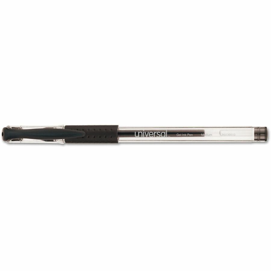 Image of Universal UNV39510 Comfort Grip Gel Pen, 0.7 mm Medium, Conical Pen Point, Black Ink, Gel-based, Water Based, Clear Stick, Black Barrel, 12 / Dozen