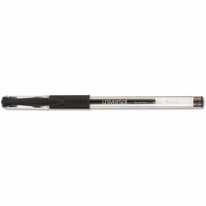 Image of Universal UNV39510 Comfort Grip Gel Pen, 0.7 mm Medium, Conical Pen Point, Black Ink, Gel-based, Water Based, Clear Stick, Black Barrel, 12 / Dozen