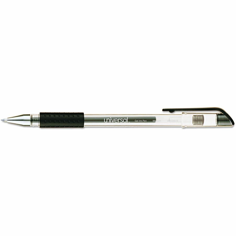 Image of Universal UNV39510 Comfort Grip Gel Pen, 0.7 mm Medium, Conical Pen Point, Black Ink, Gel-based, Water Based, Clear Stick, Black Barrel, 12 / Dozen