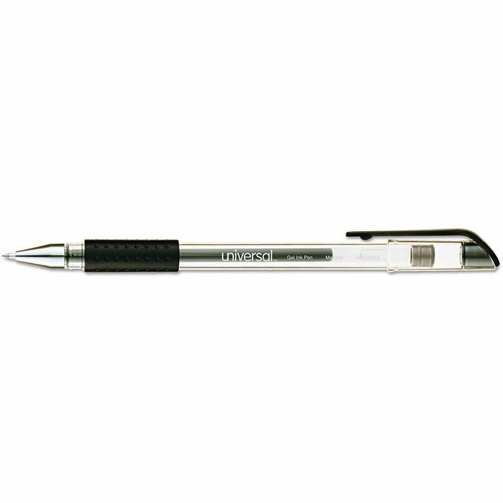 Image of Universal UNV39510 Comfort Grip Gel Pen, 0.7 mm Medium, Conical Pen Point, Black Ink, Gel-based, Water Based, Clear Stick, Black Barrel, 12 / Dozen
