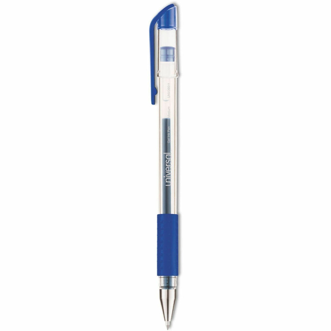 Image of Universal® Comfort Grip Gel Pen, Stick, Medium 0.7 mm, Blue Ink, Clear/Blue Barrel, Dozen
