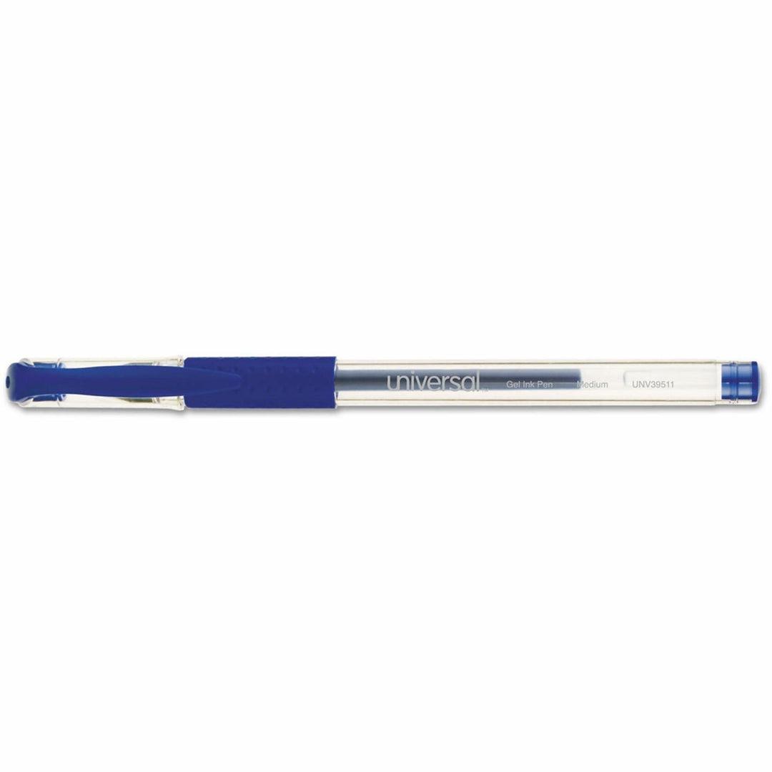 Image of Universal UNV39511 Comfort Grip Gel Pen, 0.7 mm Medium, Conical Pen Point, Blue Ink, Gel-based, Water Based, Clear Stick, Blue Barrel, 12 / Dozen