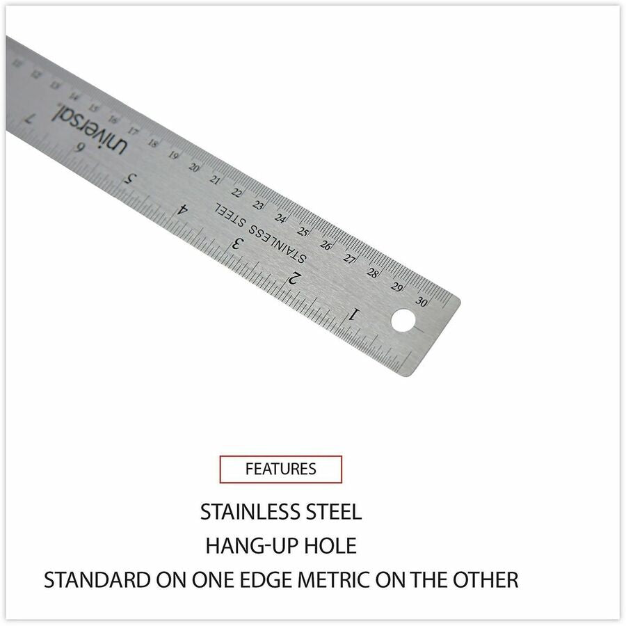 Image of Universal® Stainless Steel Ruler With Cork Back And Hanging Hole, Standard/metric, 12" Long