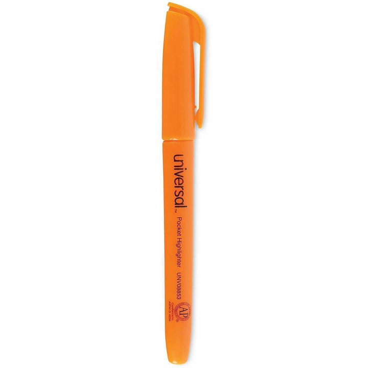 Image of Universal® Pocket Highlighters, Fluorescent Orange Ink, Chisel Tip, Orange Barrel, Dozen
