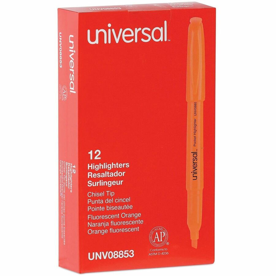 Image of Universal UNV08853 Highlighter, Fluorescent Orange Ink, Orange Barrel, 12 / Dozen