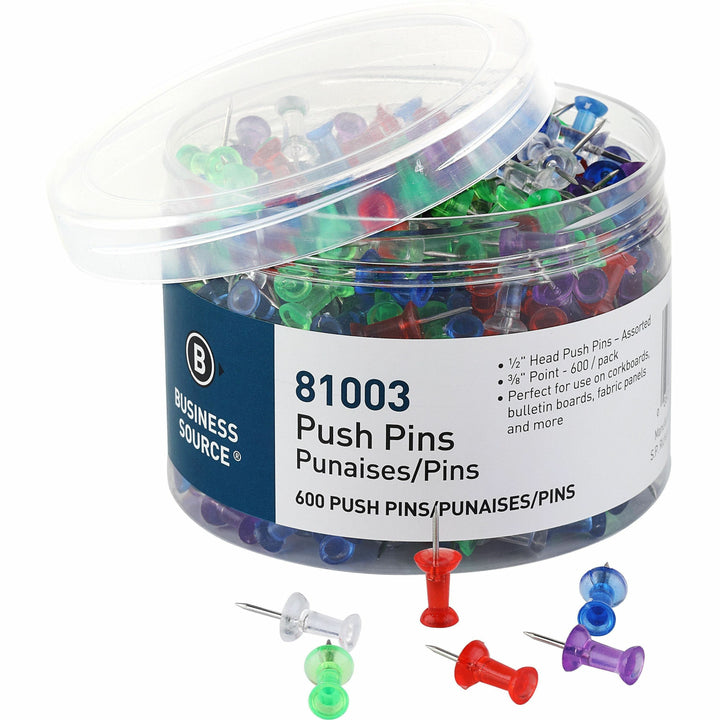 Image of Business Source 81003 1/2" Head Pushpins, 0.50" Head, for Notes, Photo, Corkboard, Bulletin Board, Fabric Panel, Assorted, 600 / Pack
