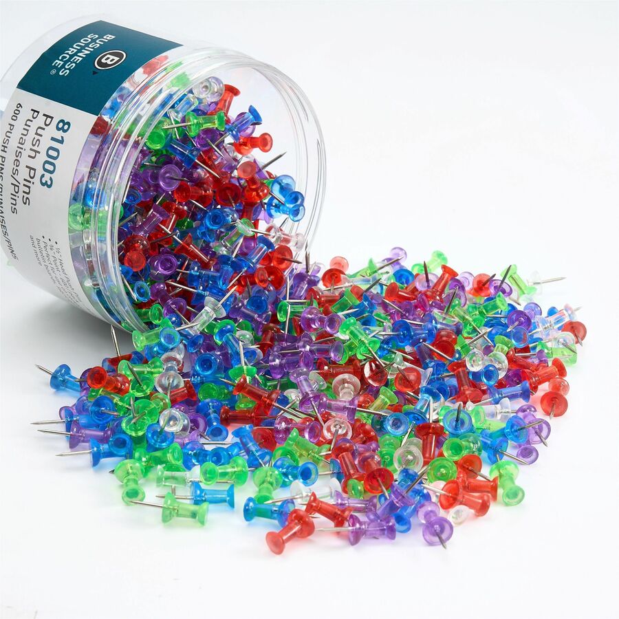 Image of Business Source 81003 1/2" Head Pushpins, 0.50" Head, for Notes, Photo, Corkboard, Bulletin Board, Fabric Panel, Assorted, 600 / Pack