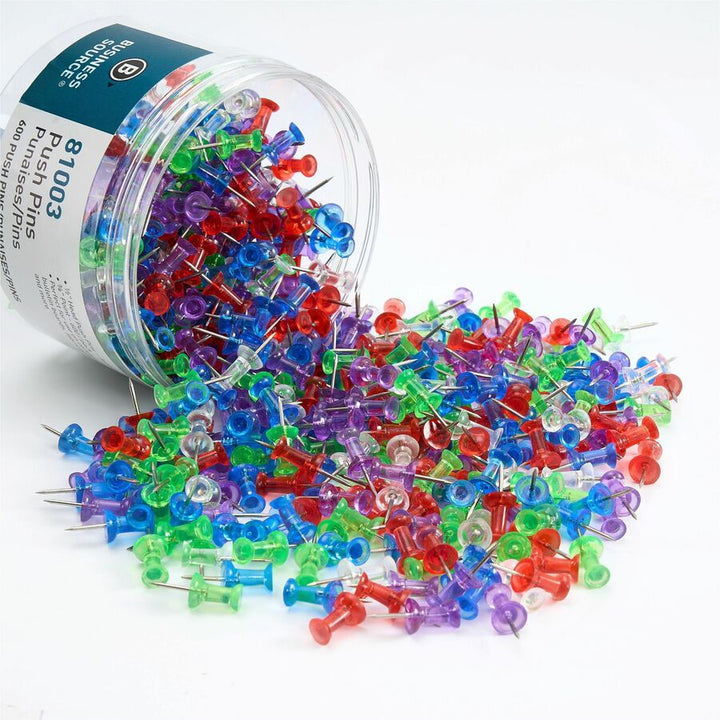 Image of Business Source 81003 1/2" Head Pushpins, 0.50" Head, for Notes, Photo, Corkboard, Bulletin Board, Fabric Panel, Assorted, 600 / Pack