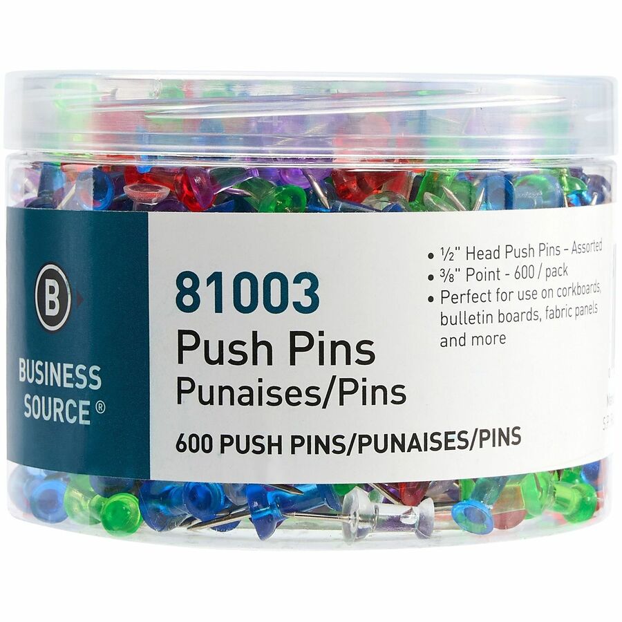 Image of Business Source 81003 1/2" Head Pushpins, 0.50" Head, for Notes, Photo, Corkboard, Bulletin Board, Fabric Panel, Assorted, 600 / Pack