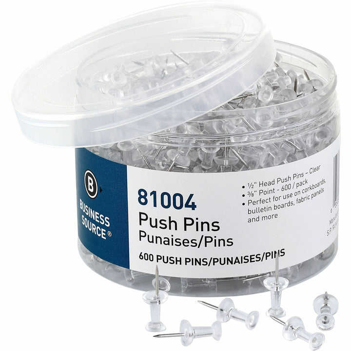 Image of Business Source 81004 1/2" Head Pushpins, 0.50" Head, for Notes, Photo, Corkboard, Bulletin Board, Fabric Panel, Clear, 600 / Pack