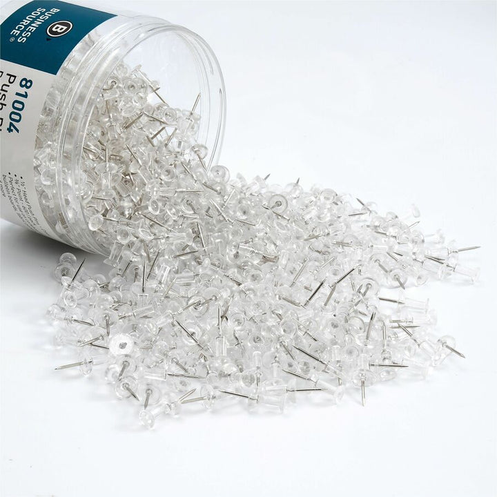Image of Business Source 81004 1/2" Head Pushpins, 0.50" Head, for Notes, Photo, Corkboard, Bulletin Board, Fabric Panel, Clear, 600 / Pack