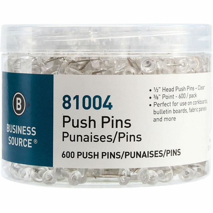 Image of Business Source 81004 1/2" Head Pushpins, 0.50" Head, for Notes, Photo, Corkboard, Bulletin Board, Fabric Panel, Clear, 600 / Pack